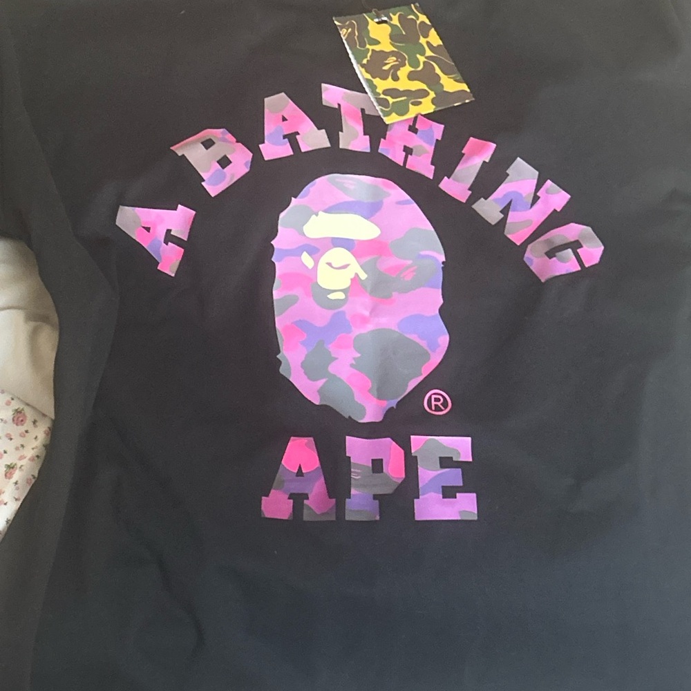 Bape Black Tee with Vibrant Pink and Purple Logo